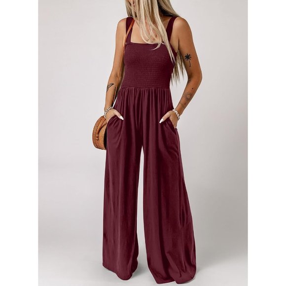 Women's Burgundy One Piece Sleeveless Wide Leg Long Pant Rompers With Pockets - Picture 2 of 6